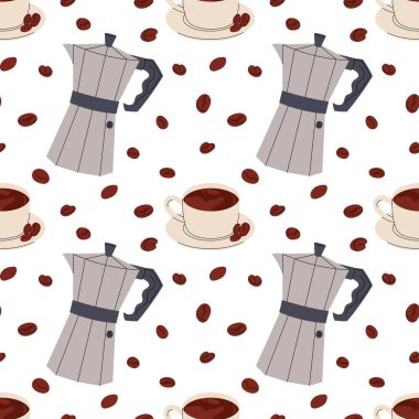 Moka pot, espresso fincanları ve düz kahve çekirdekleri ile sade kahve kalıbı. Mutfak dekorasyonu, kafe markası, kahve paketi, menü, duvar kağıtları, tekstil, ambalaj kağıdı için ideal.