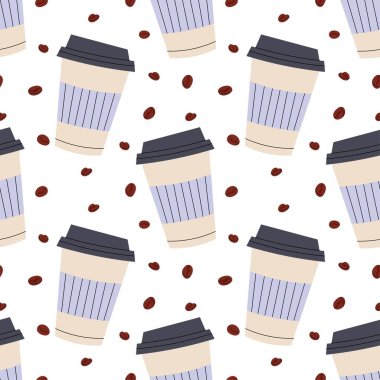 Kusursuz kahve fincanları ve beyaz arka planda düz vektör tarzı kahve çekirdekleri. Paketleme, tekstil, duvar kağıdı, marka ve kafe tasarımı için mükemmel..