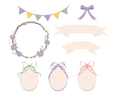 Paskalya pankartlarını, kurdeleleri ve dekoratif çerçeveleri pastel renklerle ayarlayın. Beyaz arka planda yay, çelenk ve kurdeleli düz çizim. Paskalya ve bahar tasarımları, kartlar, ambalajlar, markalar için