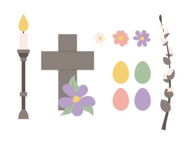 Hıristiyan Paskalya sembollerini pastel renklere ayır. Düz çizim haçı, mum, yumurta ve çiçekler, beyaz arka planda izole edilmiş. Paskalya ve bahar tasarımları için tebrik kartları, ambalaj, markalaşma.