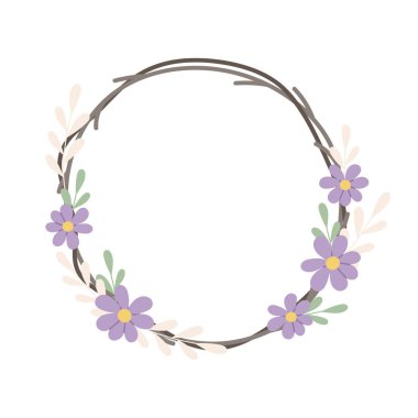 Yuvarlak hasır çerçeve, mavi ve beyaz çiçekler ve yeşil dallarla süslenmiş. Paskalya için beyaza izole edilmiş zarif bahar vektör illüstrasyonu, davetiyeler, kartlar ve çiçek tasarımları.