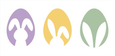 Paskalya tavşanı siluetleri. Yumurta şeklindeki Paskalya tavşanı. Bahar tatili tasarımı, tebrik kartları, afişler ve markalar için. Basit şekilleri ve temiz tasarımı olan düz çizimler.