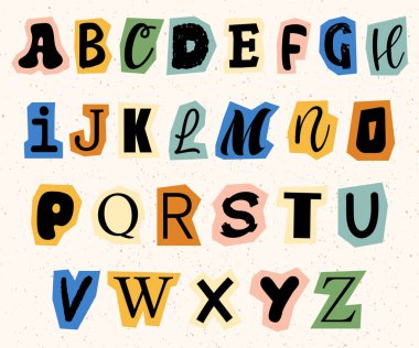 Parlak renklerde oyuncu el alfabesi harfleri çizilmiş. Posterler, çocuk tasarımı, markalaşma, eğitim, davetiyeler ve dekoratif tipografi projeleri için yaratıcı kesim stili tipografisi.