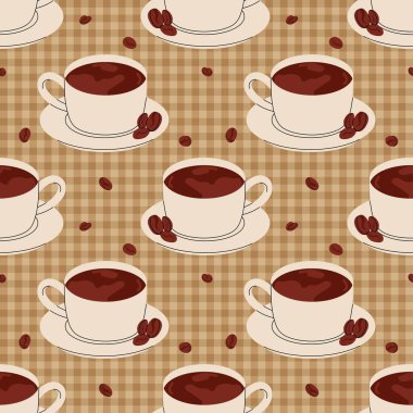 Kahve fincanları ve sıcak kahverengi kareli arkaplanda kahve çekirdeği deseni. Tekstil baskıları, masa örtüleri, ambalajlama, kafe dekorasyonu ve yüzey tasarımı için tekrarlanan illüstrasyon.