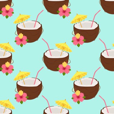 Mavi arka planda hindistan cevizi kokteyli ile yaz şablonu tekrarlanıyor. Plaj partisi ve tatil tasarımı için egzotik içecek konsepti.