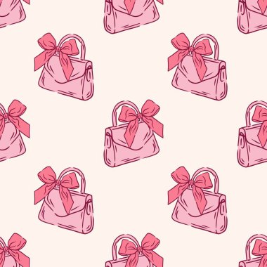 Bej arka planda fiyonklu pembe bir çanta. Kumaş, giysi ya da kırtasiye için hatunsal desen.