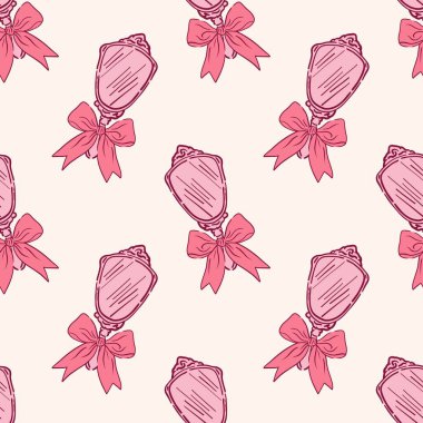 Bej arka planda pembe el aynası süslemeli şirin, kusursuz desen. Kumaş, giysi, kırtasiye ve yüzey desen projeleri için kadınsı kız tasarımı.