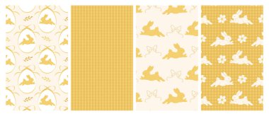 Sarı desenleri sevimli tavşancıklar ve bej arka planda fiyonklar ile ayarla. Kumaş, ambalaj kağıdı, çocuklar, ambalaj ve kırtasiye malzemeleri için bahar arkaplanı.