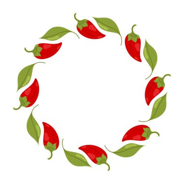 Beyaz arka planda yuvarlak kırmızı biber ve yeşil yapraklı çelenk. Yemek kartları, mutfak duvarı sanatı ve yemek temalı tasarım projeleri için dekoratif baharat çerçevesi.
