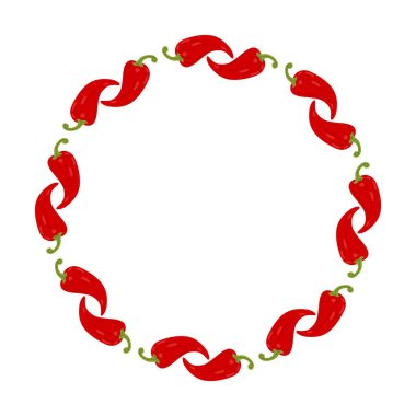 Kırmızı biberin yuvarlak çerçevesi. Restoran menüsü için baharatlı sebze sınırı, yemek etiketleri, tarifler, kafe markaları ve acı sos ambalajları. Beyaz arkaplanda izole.