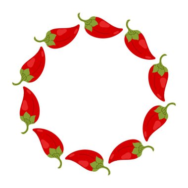 Beyaz arka planda yuvarlak kırmızı biber çelengi. Yemek kartları, posterler ve sos etiketleri için basit dekoratif çerçeve.