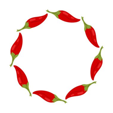 Beyaz arka planda izole edilmiş kırmızı kırmızı kırmızı kırmızı biberlerden oluşan yuvarlak çerçeve. Restoran menüsü, sos etiketi, gıda ambalajı ve sıcak mutfak markası için baharatlı dekoratif sınır.