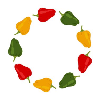 Beyaz arka planda izole edilmiş renkli kırmızı biber çerçevesi oluşturuluyor. Menü, ambalaj, aşçılık posteri ve gıda tasarımı için baharatlı sebze süslemesi.