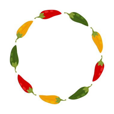 Beyaz arka planda izole edilmiş renkli acı biberlerden oluşan yuvarlak çerçeve. Restoran menüsü için dekoratif kırmızı biber sınırı, baharatlı gıda ambalajı, tarif kartı ve aşçılık markası.