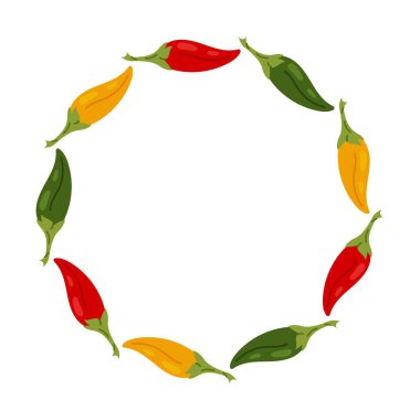 Dairesel çerçeve, çeşitli biberlerden düz bir şekilde yapılmış. Restoran menüsü, gıda ambalajı, yemek blogu ve tarif şablonu için renkli baharatlı sınır.