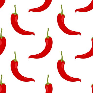 Gıda ambalajı, mutfak tekstili ve restoran tasarımı için beyaz arka planda kırmızı biberli kusursuz desen..