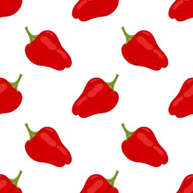 Beyaz arka planda kırmızı dolma biberli kusursuz desen. Yiyecek ambalajı için taze sebze deseni, mutfak tekstili, market markalaşması ve sağlıklı mutfak tasarımı..