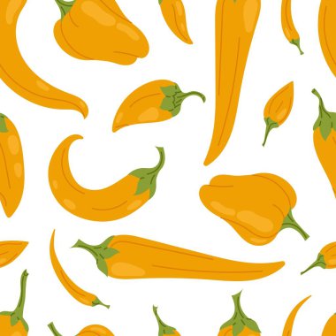 Beyaz arka planda izole edilmiş farklı sarı biberli desen. Baharatlı yemek tasarımı için acı biber, mutfak ve mutfak tekstili, ambalaj.