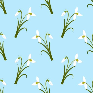 Mavi arka planda kar damlaları açan bahar çiçekleri. Ambalaj kağıdı, tekstil ve yüzey tasarımı için kusursuz desen.