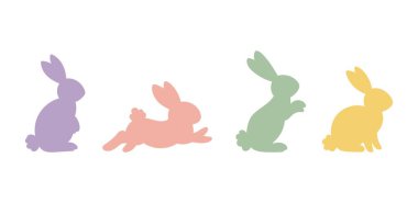 Tatlı Paskalya tavşanı siluetlerini farklı pozlarda pastel renklerle ayarlayın. Çocuk aktiviteleri, boyama sayfaları, bayram dekorasyonları, çıkartmalar ve bahar temalı projeler için minimal düz tasarım.