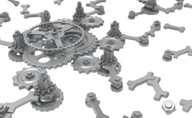 Dişli mekanizması kemik metal kompleksi 3 boyutlu illüstrasyon, izole edilmiş, beyaz üzerinde, yatay