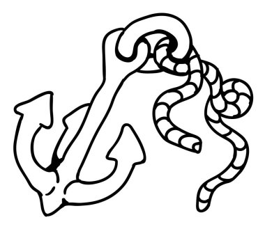 İp karikatür çizimi, vektör, yatay, siyah beyaz, izole edilmiş çapa