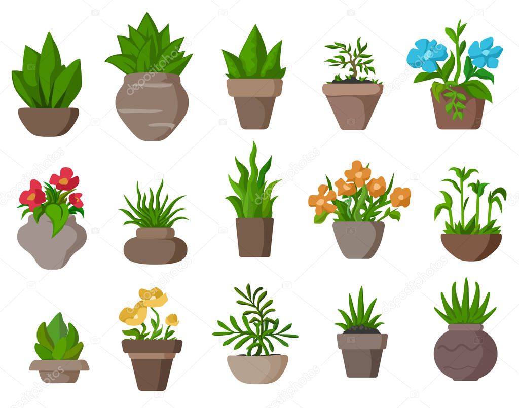 Potted plant cartoon design element set, isolated color vector, horizontal