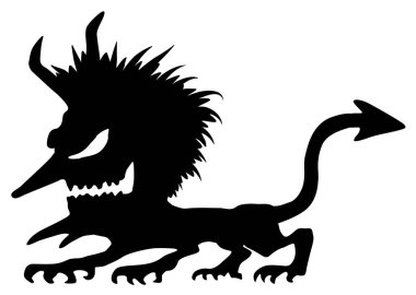 Çömelmiş şeytan figürü siluet simsiyah, vektör çizimi, yatay, beyaz, izole edilmiş