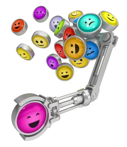 Emotionele Knoppen Metalen Robotarm Grijpen Illustratie Geïsoleerd Wit Horizontaal — Stockfoto