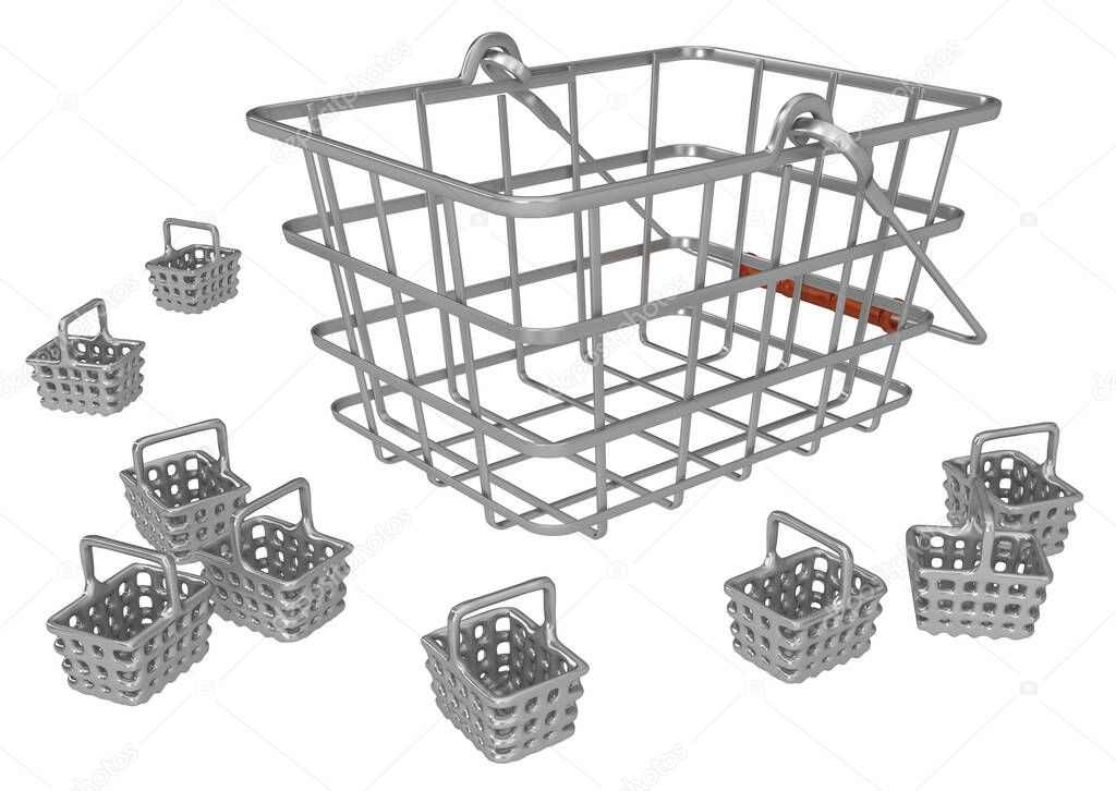 Shopping basket metal with tiny ones, 3d illustration, horizontal, isolated, over white
