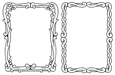Dekoratif siyah mürekkep tasarımı ögesi, vektör illüstrasyonu, dikey, izole edilmiş iki resim çerçevesini dekore et