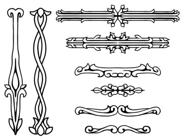 Dekoratif siyah mürekkep tasarımı ögesi seti, vektör illüstrasyonu, yatay, izole