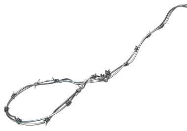 Dikenli tel tuzak döngüsü, gri metal 3D illüstrasyon, izole, yatay, beyaz üzerine