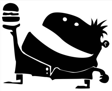 Koca ağızlı, çizgi film karakteri siyah siluet, vektör çizimi, yatay, izole, beyaz üzerine