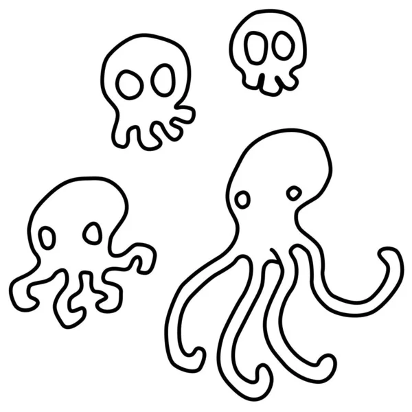 Skull Oktopus Cartoon Linienzeichnung Vektor Horizontal Schwarz Weiß Isoliert — Stockvektor