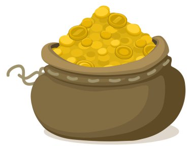 Altın sikkeli hazine çuvalı çizgi film renkli vektör çizimi, yatay, beyaz, izole edilmiş