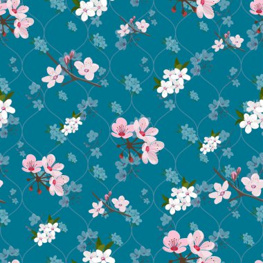 Mavi arka planda kiraz çiçekleri kusursuz desen