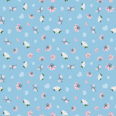 Mavi arkaplanda küçük sakura çiçekleri tekrarlanan desen tasarımı