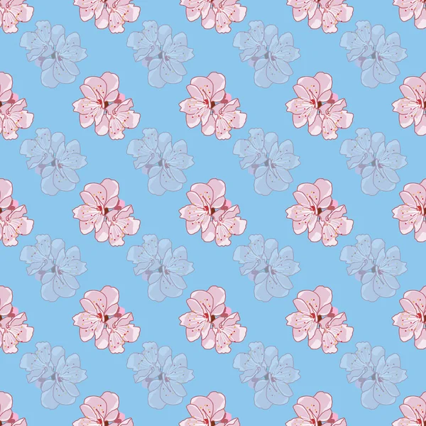 Flores Sakura Rosa Repiten Patrón Sobre Fondo Azul Pastel — Vector de stock