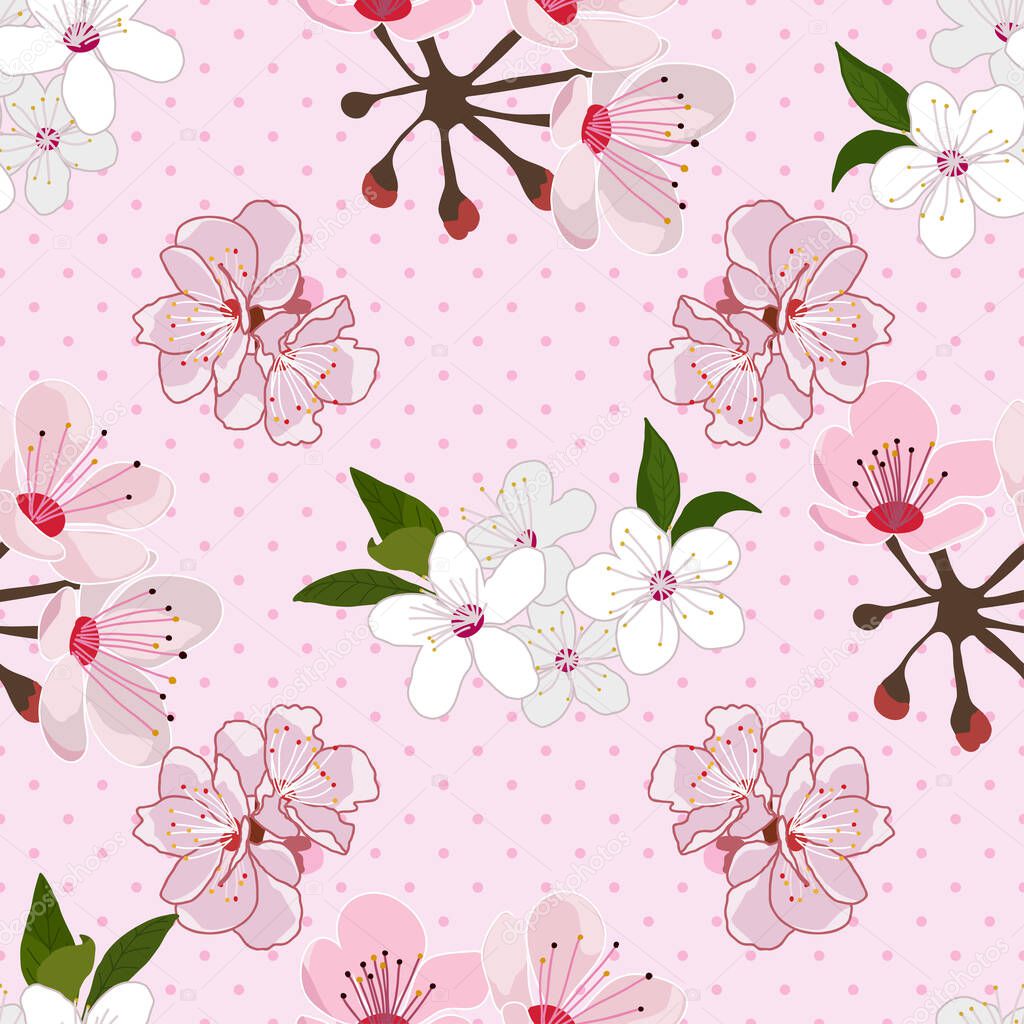 Cherry blossom repeat pattern on polka dots