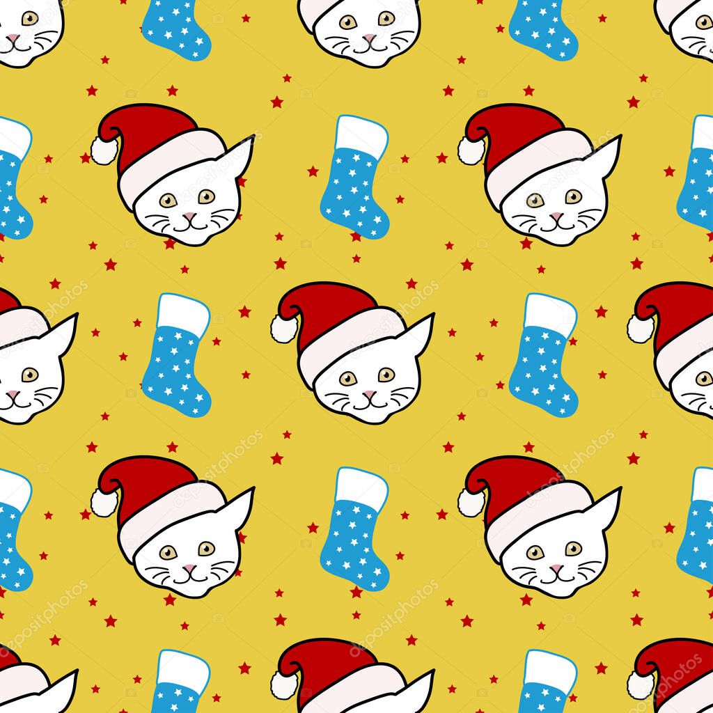 Festive kitty and Christmas stocking seamless pattern design