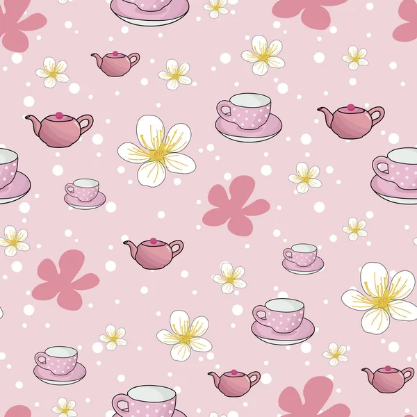 Roze Theepot Kopjes Bloemen Naadloos Dessin — Stockvector