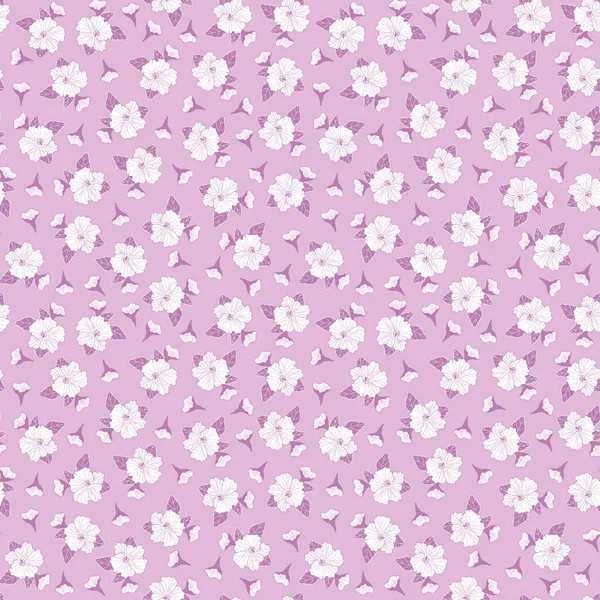 ハイビスカスの花のシームレスなパターンでパステルパープルとピンクの背景デザインの白 — ストックベクタ