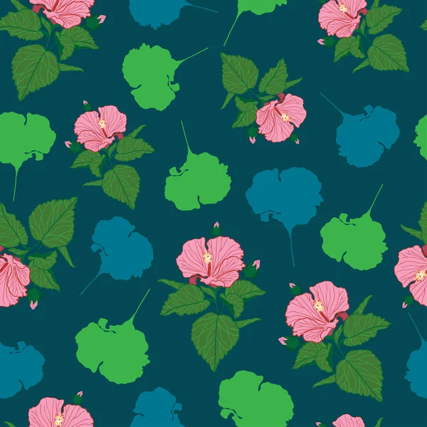 Hibisco Rosa Patrón Repetición Diseño Fondo Verde Oscuro — Archivo Imágenes Vectoriales