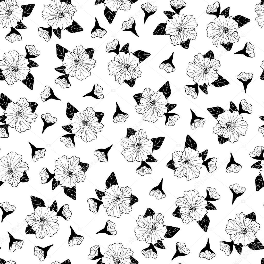 Black and white hibiscus seamless pattern design