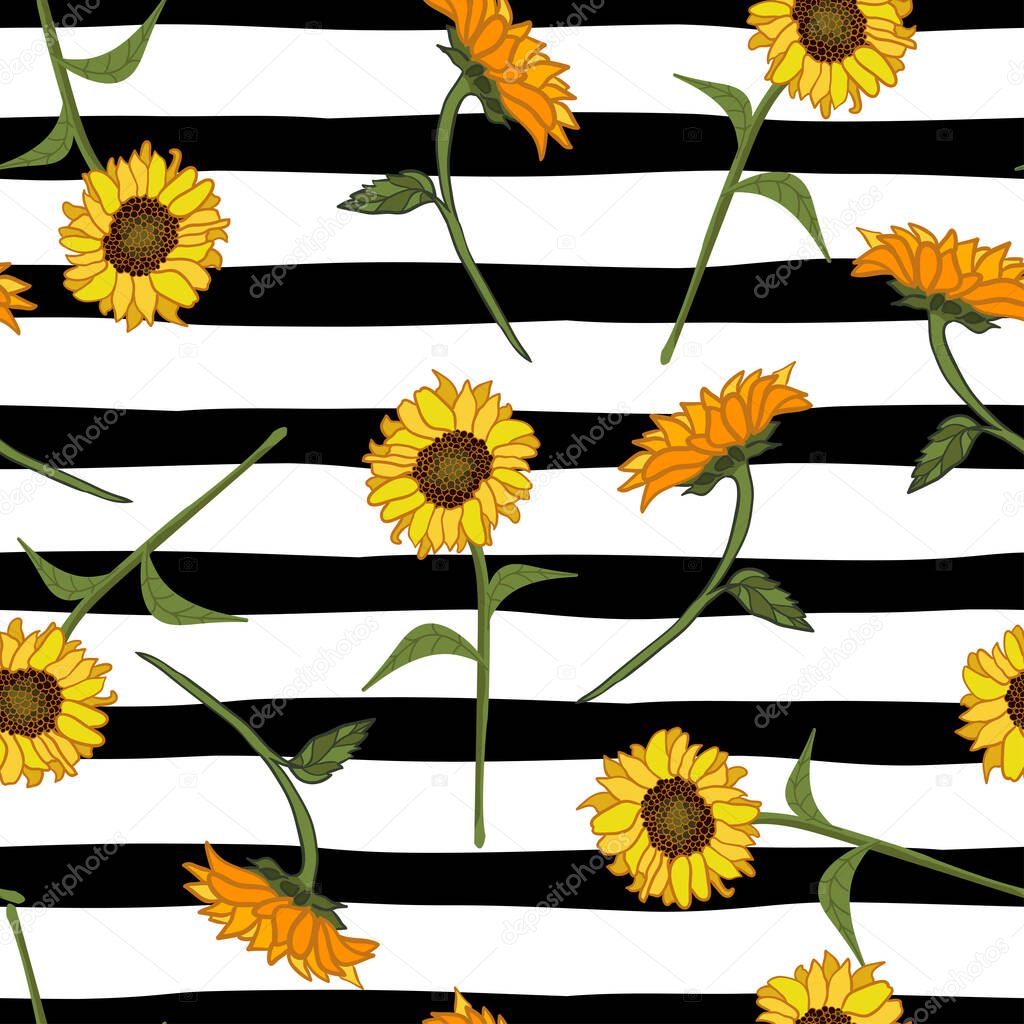 Abstract sunflower seamless pattern on striped background design