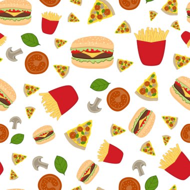 Fast food vektörü beyaz arkaplanda tekrarlanan desen