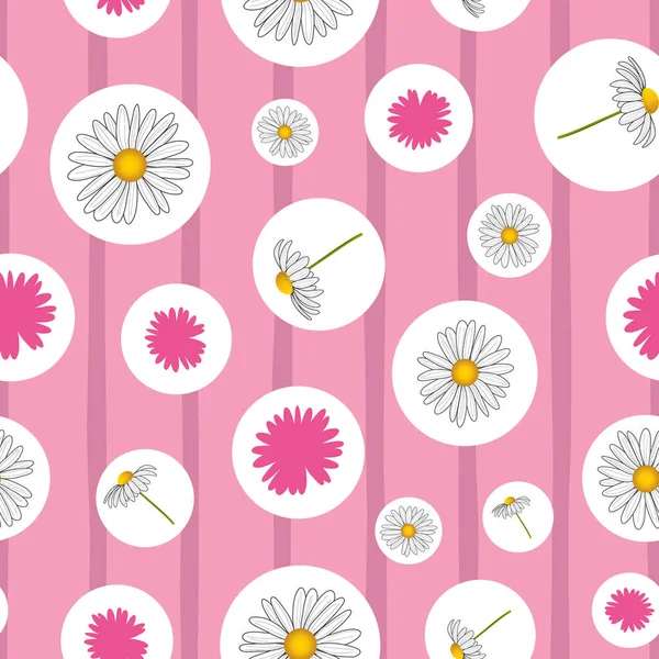 粉色条纹背景和白色圆圈上可爱的菊花矢量无缝图案 — 图库矢量图片