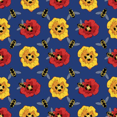 Renkli gelincikler ve arılar vektörsüz desen tasarımı