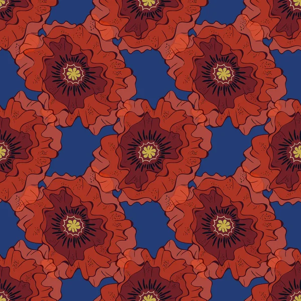 Fleurs Pavot Rouge Sur Fond Bleu Foncé Motif Répétition — Image vectorielle